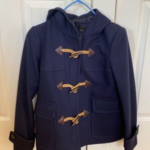 J Crew hooded melton wool jacket with wooden toggles